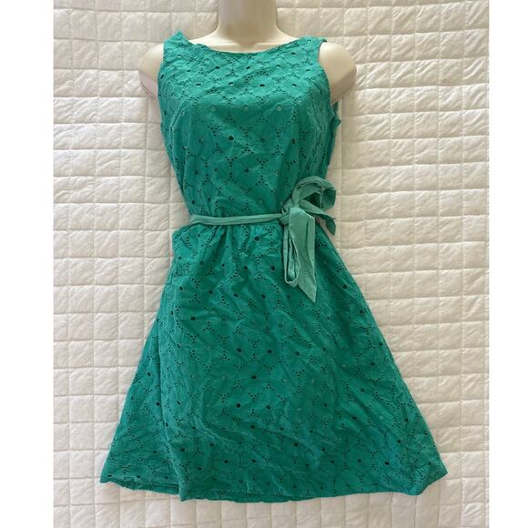 GARNET HILL Dress Womens 4 Turquoise Green Fit Flare Eyelet Mini Preppy Party - Picture 1 of 11